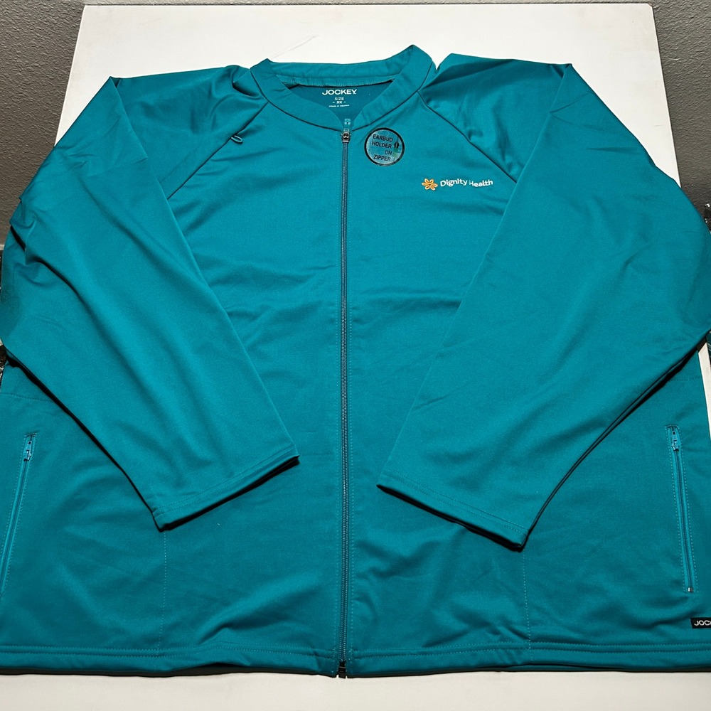 Jockey Scrub Jacket 3X Teal Blue Full Zip Dignity Health Earbud Holder Warm Up